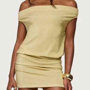 Edikted Gold Off Shoulder Mini Dress NWT XS Metallic Bodycon Party Club Glam